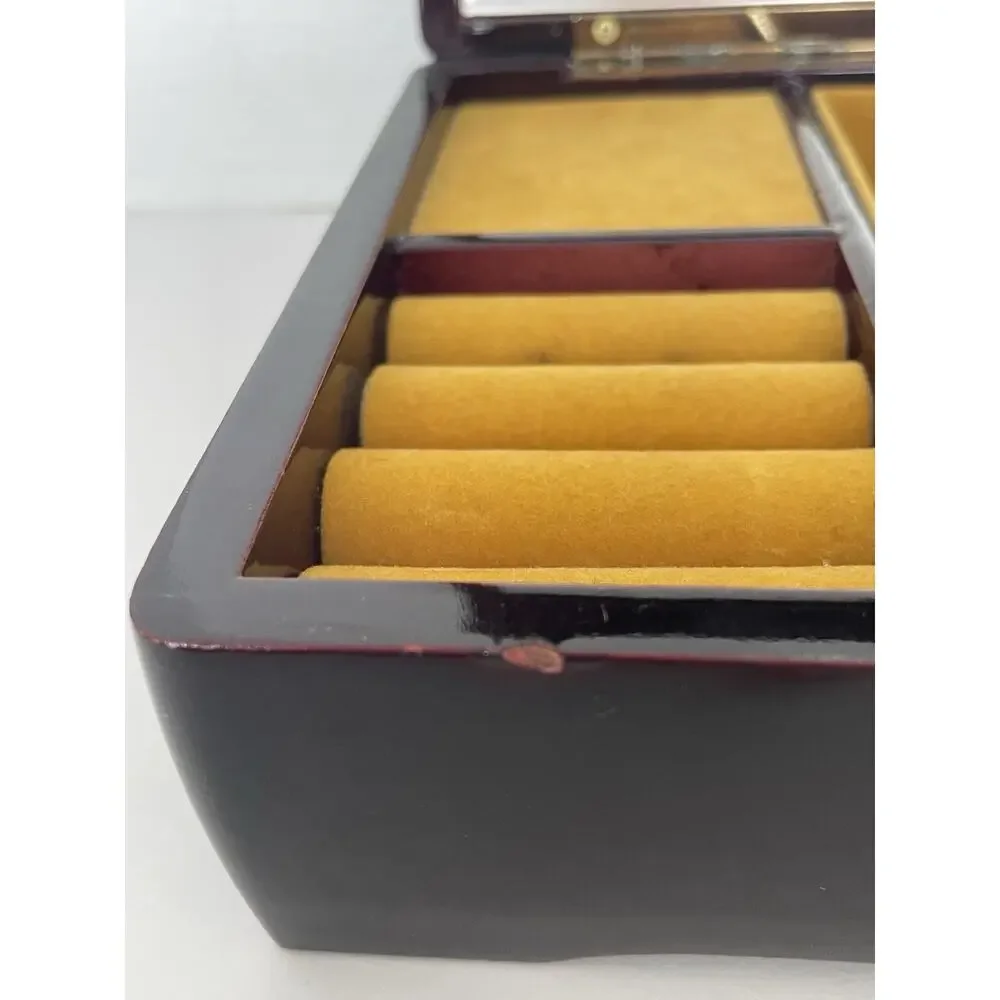 VTG Kimco Japan Wooden Jewelry Box Floral Inlay Gold Velvet Lining Mirror